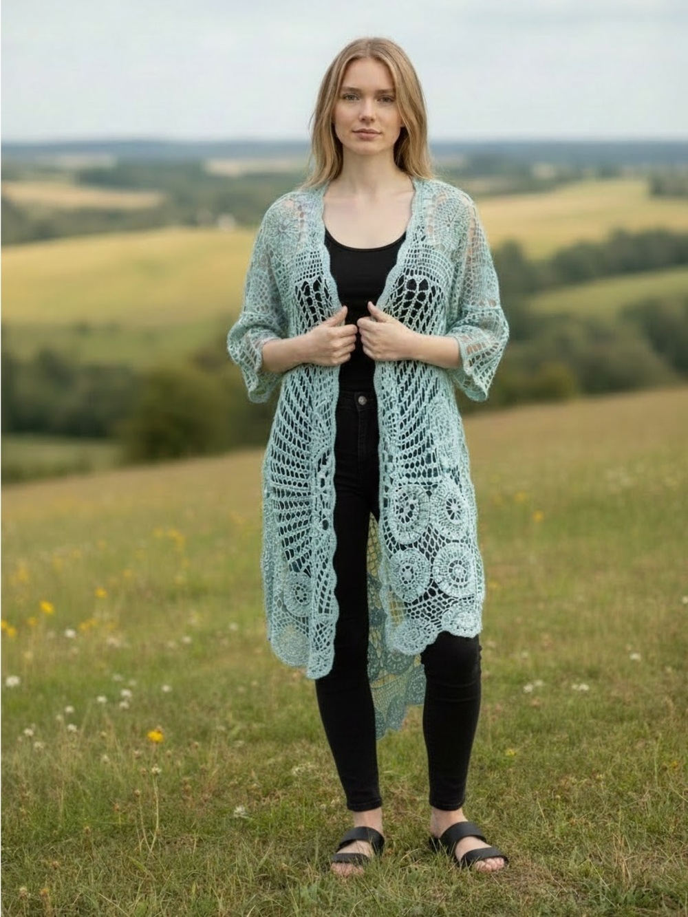 Origami Open-Front Crochet High Low Long Cardigan - Mint NEW